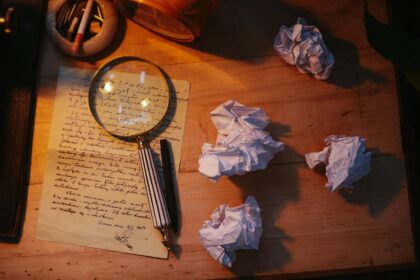 A dimly lit desk with crumpled papers, a handwritten letter, and a magnifying glass, evoking a vintage detective vibe.