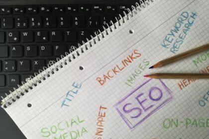 Close-up of notebook with SEO terms and keywords, highlighting digital marketing strategy.